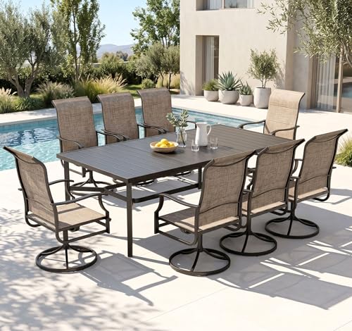 PHI VILLA 9 PCS Patio Dining Set for 8 Person, Padded High Back Outdoor Swivel Chairs and Large Metal Table, Patio Table and Chairs Set for Outdoor Deck Lawn Garden