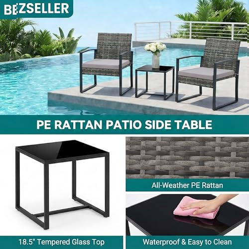 Bezseller 3 Pieces Patio Furniture Set, Outdoor Rattan Bistro Set with Coffee Table, Durable Steel Frame with Strapped Cushions for Garden, Balcony, Poolside, Backyard