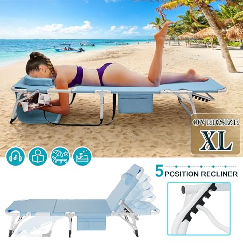 ABORON Heavy Duty Tanning Chair, Outdoor 5-Position Folding Chaise Lounge Chair with Pad, Portable Beach Lounge Chair for Outdoor Sunbathing Patio Pool Lawn Deck Poolside