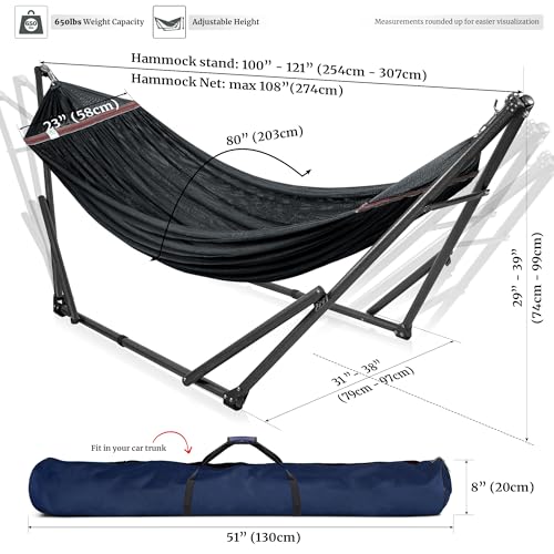 Tranquillo Universal Hammock Stand 600 lbs Capacity, Instant 20s Foldable, 3-Year Warranty Hammock with Stand, 2 Person Camping Revolutionary Portable No Screws, Premium Hammocks, Black