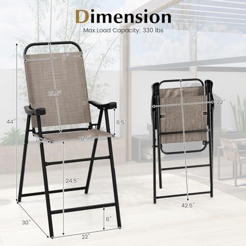 COSTWAY 2 Pieces Patio Folding Bar Chairs, High Top Patio Bar Chair with Metal Frame & Footrest, Outdoor Counter Height Chairs for Balcony, Garden & Poolside, Coffee (1, Coffee)