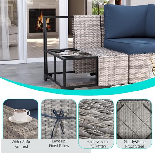 Muphyers 6-Piece Outdoor Patio Furniture Set Wicker Rattan Sectional Sofa Set, Patio Conversation Set with Thickened Cushions & Coffee Table for Garden, Backyard, Navy Blue