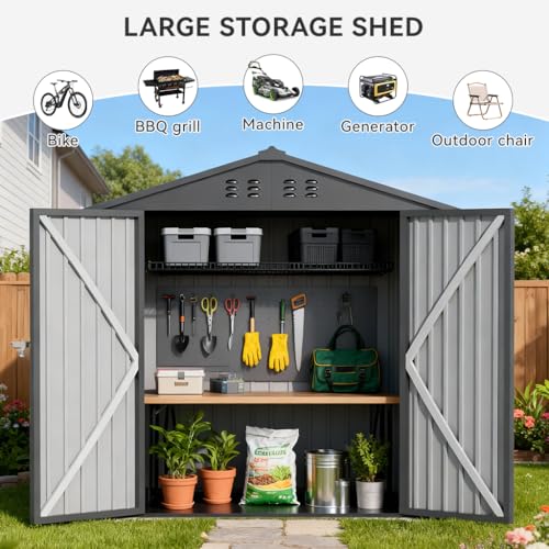 COMHOMA 6'x4' Shed Outdoor Storage Metal, Weatherproof Garden Utility Tool House with Lockable Doors & Adjustable Shelving, Ventilated Backyard Workshop,Grey
