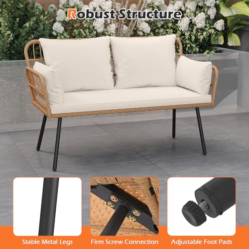 Tangkula Patio Wicker Loveseat, Outdoor 2-Seater PE Rattan Sofa with Pillows, Cushions, Metal Frame & Adjustable Foot Pads, 800 lbs Outside Couch for Porch, Backyard & Poolside (Off White, 50.5" L)