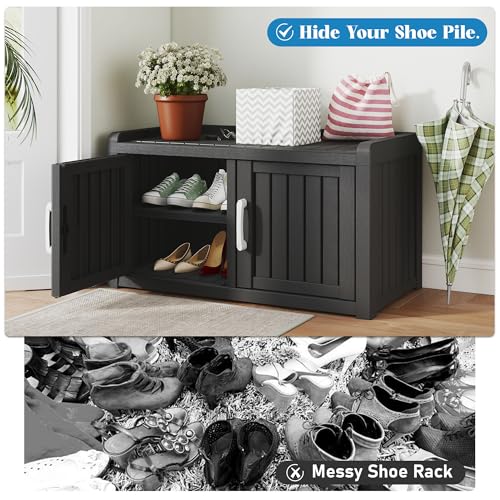 NBYSGO 2-Tier Storage Bench, Waterproof UV-Resistant Outdoor Shoe Storage Cabinet with 2 Doors & Adjustable Shelves for Indoor Outdoor Entryway, Hallway, Living Room (Black)