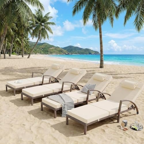 Garvee Outdoor Chaise Lounge Set of 2, 5-Position Adjustable PE Wicker Reclining Chairs with Wheels & 3.5" Cushions, 400 lbs Capacity All-Weather Patio Furniture for Poolside, Garden, Beach(Beige)