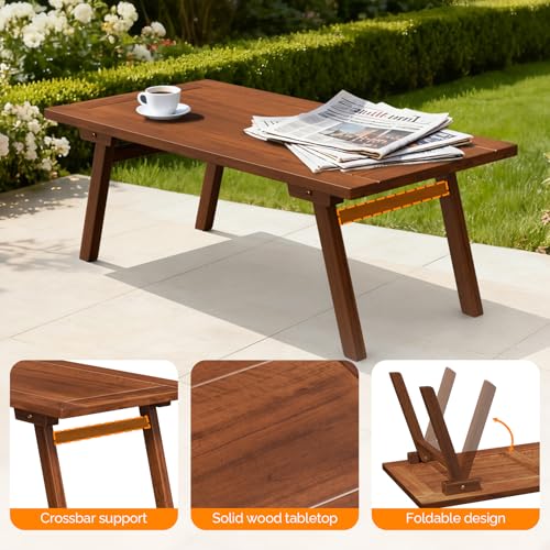 VINGLI Outdoor Folding Coffee Table, Natural Poplar Wood Patio Coffee Table, No Assembly Required, Ideal for Balcony, Porch, and Living Room, Rectangle, Natural