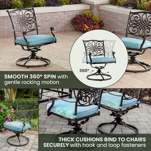 Hanover Traditions 9-Piece Rust Resistant Aluminum Outdoor Patio Dining Set with Blue Cushions, Swivel Rockers and Aluminum Square Dining Table, Outdoor Dining Set For 8