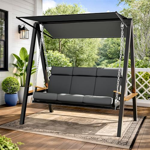 Pamapic 3-4 Seat Porch Swing with Stand, 990lbs Heavy Duty Outdoor Swings for Adults with 4“ Thick Cushions, Breathable Textilene Mesh Base, Adaptive Pillow, Adjustable Canopy, Side Trays for Backyard