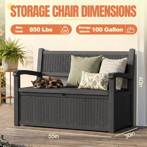 ATMELT Storage Bench Outdoor Deck Box,100 Gallon Waterproof & UV Resistant Lockable Patio Furniture Seating.Indoor/Outdoor Shoe Storage Cabinet for Garden Cushions,Tools,Patio,Pool Supplies(Black)