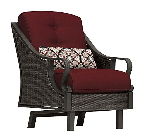 Hanover Ventura Outdoor 4-Piece Conversation Set with Loveseat, 2 Rocking Chairs, Crimson Red Cushions, 4 Pillows and Ceramic Tile Coffee Table, All-Weather 4-Piece Patio Set