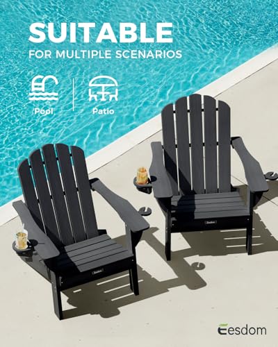 Eesdom Folding Adirondack Chair,All-Weather HDPE Fire Pit Chair with 2 Cup Holders, Plastic Outdoor Chair for Patio Deck Garden Lawn, Black