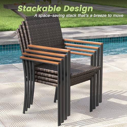 ARKOST Round Patio Dining Set for 10, 63" Round Metal Table with Umbrella Hole and Stackable Wicker Patio Chairs, Outdoor Furniture Set for Deck Backyard Garden, Walnut Chairs, Walnut Table