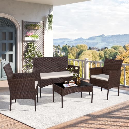 Shintenchi 4 Piece Outdoor Patio Furniture Set, Wicker Rattan Patio Conversation Set, Outdoor Chairs and Loveseat with Coffee Table for Porch, Yard & Poolside (Brown)