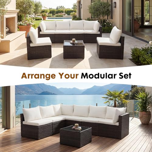 DUMOS 7 Piece Outdoor Patio Sectional Sofa, Modular Wicker Furniture Set with 2.8" Thick Cushions, Adjustable Feet, Weather-Resistant Rattan Outdoor Couch for Backyard, Deck, Garden, Poolside, Brown
