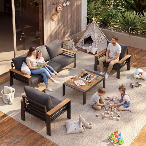 Aoxun Patio Furniture Set, 5 Piece Aluminum Patio Sets with 5" Thicken & Washable Cushion, Waterproof Outdoor Furniture with Coffee Table, Outdoor Couch Sectional for Backyard, Porch and Garden