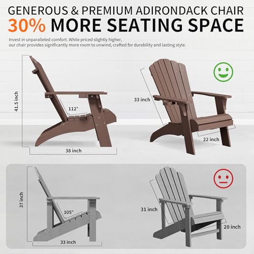 Psilvam Adirondack Chair, Oversized Poly Lumber Fire Pit Chair with Cup Holder, 350Lbs Support Patio Chairs for Garden, Weather Resistant Outdoors Seating, Relaxing Gift for Father & Mother (4, Brown)