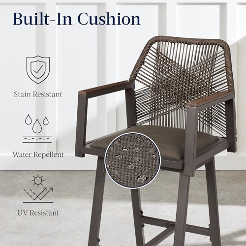 Best Choice Products Outdoor Bar Stools Set of 2, Bar Height, 360° Swivel Aluminum Frame, All-Weather Woven Rope Chair Design w/Armrests - Brown/Mocha
