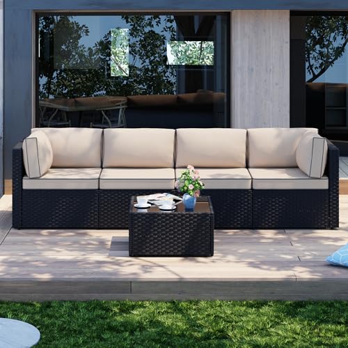 Patio Furniture Sets, 5 Piece Outdoor Sectional Sofas, Wicker Rattan Outdoor Furniture Patio Conversation Set, All-Weather PE Rattan Outdoor Couch for Backyard, Garden, Black & Khaki