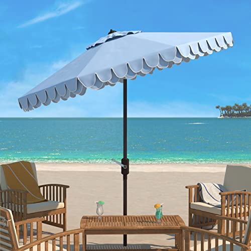 SAFAVIEH Outdoor - Valance 9-Foot Crank Patio Umbrella - Baby Blue & White Canopy - Brown Aluminum Pole - Decorative Petal Valance Trim - Ideal for Patio, Deck, Poolside, Backyard (PAT8006U)
