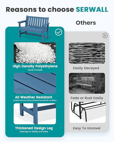 SERWALL Outdoor Bench, HDPE Outdoor Benches Weatherproof, 2-Person Garden Bench with 660 lbs Weight Capacity, Patio Benches for Outdoors, Garden, Porch, Backyard and Park, Navy Blue