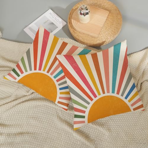 JEFERSO Summer Pillow Covers 18x18 Set of 2 Colorful Stripes Yellow Sunshine Decorations Outdoor Throw Pillows Boho Rainbow Sun Pillowcase Linen Decor Modern Farmhouse Cushion Case for Home Bedroom