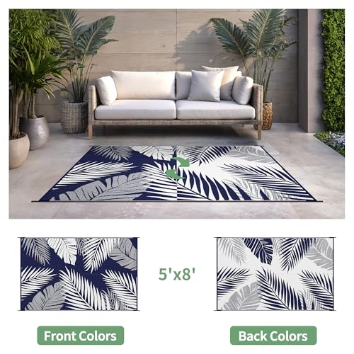 sarben Outdoor Rug 5’x8’ Waterproof for Patio Clearance, Reversible Indoor Outdoor Plastic Straw Camping Rug Carpet, RV Mat, Large Area Rug for Deck, Backyard, Balcony, Porch, Beach, Blue & White