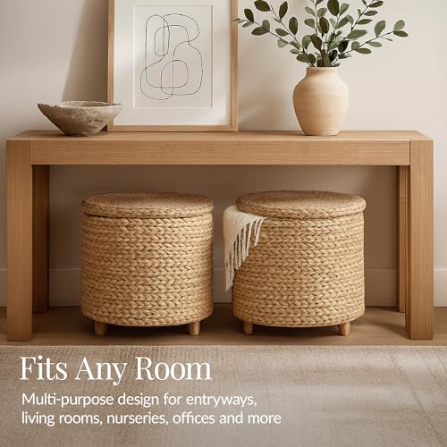 Best Choice Products 17" Round Storage Ottoman W/Lid, Handwoven Water Hyacinth Footstool, Footrest w/Wooden Legs, Accent Side Table, Storage Container, Plant Stand - Natural