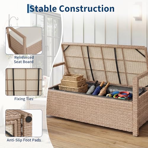Outdoor Storage Bench with Cushion, 2-Person All-Weather PE Rattan Patio Bench with Backrest & Armrests, Waterproof Wicker Deck Box Seat for Garden, Porch, Poolside & Backyard, Metal Frame，Yellow