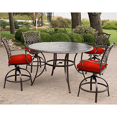 Hanover Traditions 5-Piece Outdoor Dining Set in Red with Four Swivel Chairs and a 56 In. Cast-top Table, Patio Dining Set for 4 for Backyard, Deck, Porch, Patio