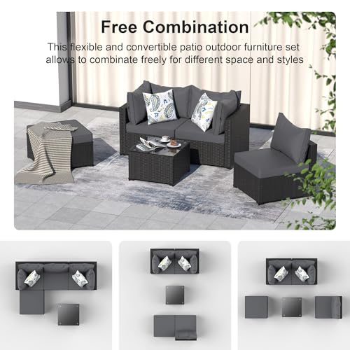 Patio Furniture Set, 5PCS Outdoor Sectional with Ottoman Wicker Rattan Patio Furniture with Thickened Cushion Modular Wicker Patio Conversation Set with Glass Top Table for Balcony, Backyard (Grey)
