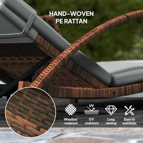 Outsunny Wicker Chaise Lounge Chair Outdoor Set of 2, 5-Position Adjustable Reclining Pool Lounge Chairs with Wheels, Rattan Outdoor Lounger with Cushion, Armrests for Poolside Beach Backyard, Gray