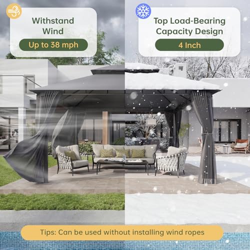 Aoxun 12x10 Gazebo with Double Roof & Mosquito Netting Outdoor Heavy-Duty Party Tent, Patio Tent with Zipper Screens - Backyard Garden Lawn Shelter Includes Wind Ropes Expansion Bolts, Gray