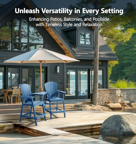 PASAMIC Tall Adirondack Chairs Set of 2, All-Weather HDPE Patio Chairs with Double Connecting Trays, Bar Height Heavy-Duty Outdoor Chairs for Garden, Backyard, Balcony, Blue