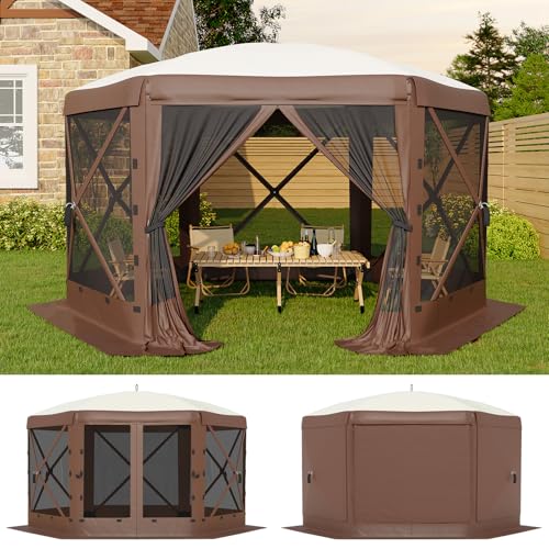 GarveeLife 11.5x11.5FT 6-Sided Pop Up Gazebo Tent，One-Push Setup Canopy Tent with Mesh Panels & Removable Wind Cloths, Outdoor shelter for Camping, Backyard Parties, Outdoor Events - Beige & Khaki
