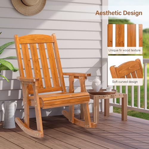 VINGLI Outdoor Rocking Chair Set of 2, Heavy Duty 600 LBS Wooden Rocking Chair with Comfortable Backrest, Weatherproof Rocker with Ergonomic Design, Suit for Patio, Garden, Yard, Teak