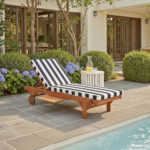 SAFAVIEH Outdoor Collection Newport Natural/ Black & White Stripe Cushion Built-in Side Table Adjustable Chaise Lounge Chair