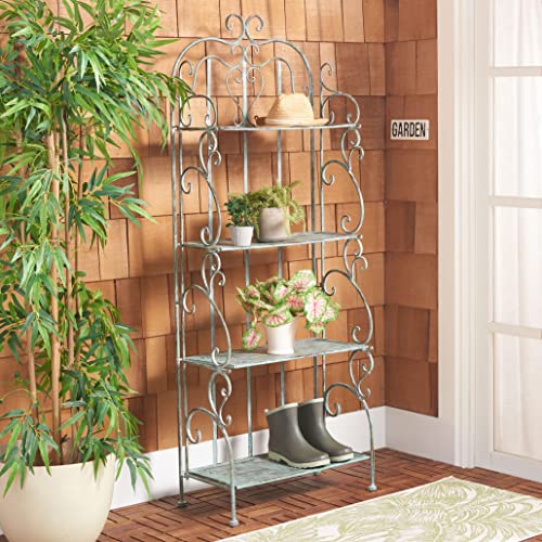 SAFAVIEH Outdoor - Tyrique Antique Dark Green Victorian Wrought Iron 4-Tier Shelf Unit, Metal Plant Stand Baker’s Rack, Decorative Patio Garden Storage, 24.8" W x 12.6" D x 65.8" H (PAT5033D)