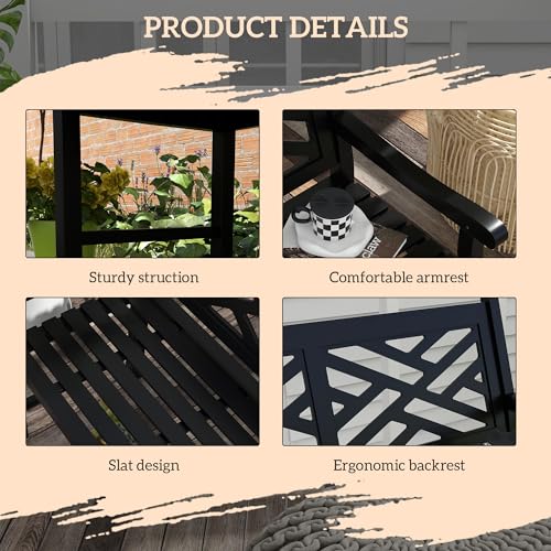Outsunny Outdoor Garden Bench, Wooden Frame Patio Bench with Geometric Pattern, 43.25 Inch Weatherproof 2-Person Love Seat for Garden, Lawn, Porch, Yard, Work Entryway, Black