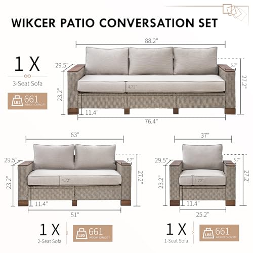 PaPaJet 6-Piece Wicker Patio Furniture Set with Solid Wood Armrest, Outdoor Patio Set with Thick Legs, UV-Resistant Modular Outdoor Sectional Sofa for Backyard, Porch, Garden