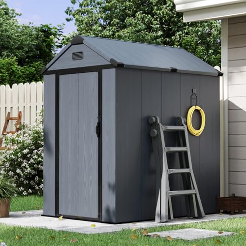 Aoxun 4x6 FT Resin Shed with Reinforced Floor, Outdoor Storage Shed, All-Weather Plastic Tool Storage with Lockable Door, Window & Vents for Garden, Patio, Bike & Garbage Can, Dark Gray