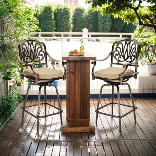 VINGLI Outdoor Swivel Bar Stools Set of 2, Cast Aluminum Patio Bar Height Chairs, All-Weather Bar Dining Chairs Outdoor Swivel Patio Furniture (Elizabethan Back)