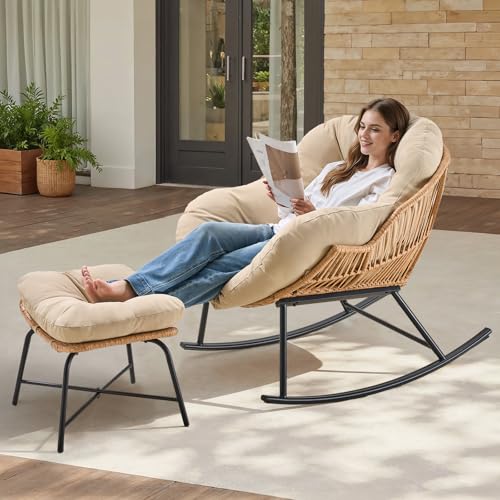 ONBRILL Papasan Rocking Chair with Ottoman,Oversized Papasan Chair with Padded Cushion, Indoor & Outdoor Rocker Chair for Living Room, Patio, Garden, Beige