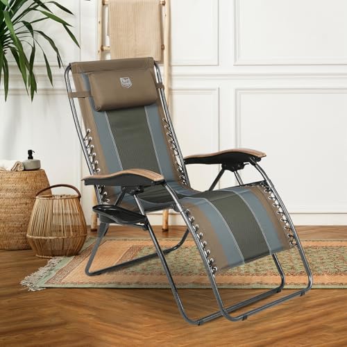 TIMBER RIDGE Outdoor Reclining Patio Padded with Adjustable Headrest and Cup Holder Foldable Zero Gravity Lawn Chair XL for Adults, Support up to 350 LBS, Brown,1 Count
