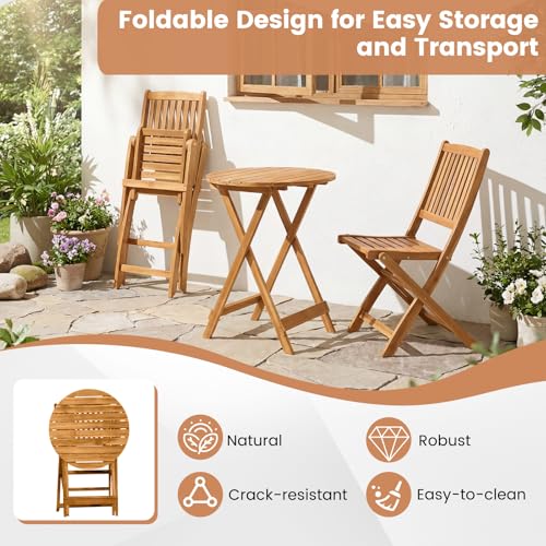 Giantex 3Pcs Patio Bistro Set, Wood Folding Table Set, 2 Cushioned Chairs for Garden Yard, Outdoor Furniture Round Table (Natural & Beige)