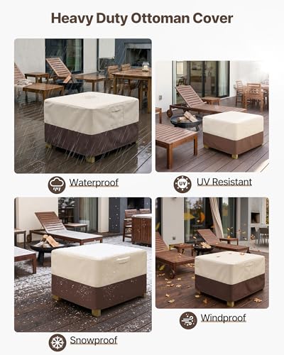 Vailge Rectangle Patio Ottoman Cover, Waterproof Outdoor Ottoman Cover with Padded Handles, Patio End Table Cover, Heavy Duty Patio Furniture Covers (Medium,Beige & Brown)