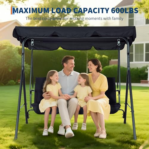 3-Seat Outdoor Patio Porch Swing with Stand, Adjustable Canopy & Thick Waterproof Cushions, Steel Frame Swing Outdoor Chair for Backyard, Front Porch, Lawn, Garden