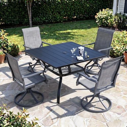bigget Outdoor Dining Set with Swivel Chairs Set for 4, 5 Piece Modern Outdoor Patio Table and Chairs 450LBS Highback, Powder-Coated Black Wrought Iron Square Table Set for Outside, Grey