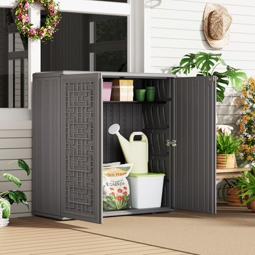 HOMSPARK Indoor/Outdoor Storage Cabinet with Doors and Shelf, 34”x15”x36” HDPE Plastic Storage Box Waterproof for Patio, Garden, Balcony, Multi-Purpose for Daily Tools, Grey