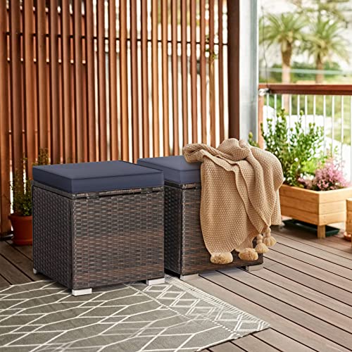RELAX4LIFE Wicker Outdoor Storage Ottoman, 2-Piece Rattan Footstool w/Removable Cushion, Multipurpose Footrest Stool Side Table Additional Seating, Set of 2 Outdoor Ottomans for Patio Deck (Navy)